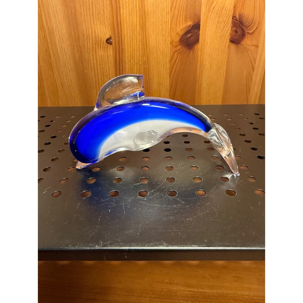 Vintage R.O.C. Taiwan Art Glass Dolphin Figurine Cobalt Blue Clear 5" Wide